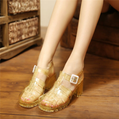 Women&#039;s Transparent Block High Heel Crystal Shoes Jelly Sandals Hollow Out Shoes