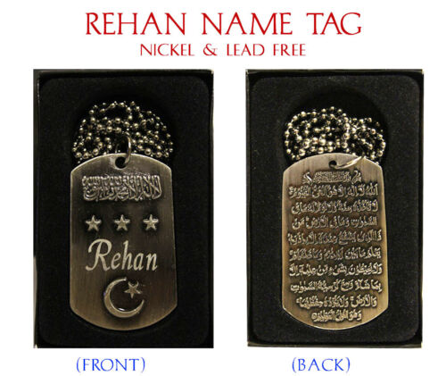 Birthday Wedding Ayatul Kursi Eid Gifts /"REHAN/" Mens Arabic Name Necklace Tag