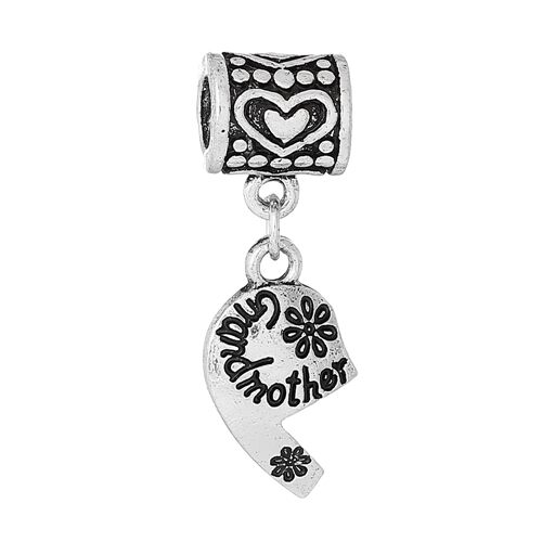 Grandmother Heart Mitzpah Half Antiqued Silver Large 5mm Hole Dangle Charm Bead