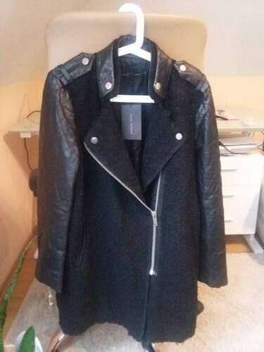 Rare!! Size S ZARA WOMAN JACKET COAT QUILTED LEATHER SLEEVES MOHAIR BLAZER 