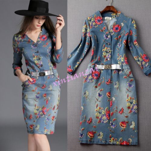 Womens Washed Denim Dress Long Casual Jean Dresses Floral printed Half Sleeve