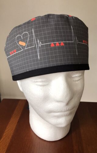 Men’s Surgical Scrub Hat Skull Cap Heart Rhythm Grey