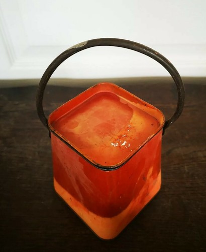 Ancien Vintage Petit Pot En Zinc Avec Anse Et Couvercle Forme Carrée Orange