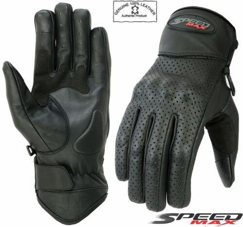 MENS BLACK TOUCHSCREEN FINGER PERFORATED MOTORBIKE MOTORCYCLE LEATHER GLOVES