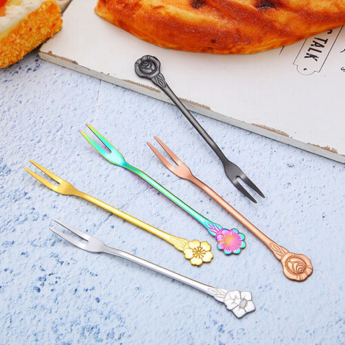 4pcs//Pack Flowers Shape Fruit Fork Stainless Steel Fruit Fork Two Tooth Forks