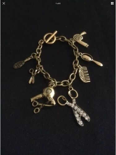 Vintage Style Bronze Charm Bracelet With Hairdressing Themed Charms Jewellery