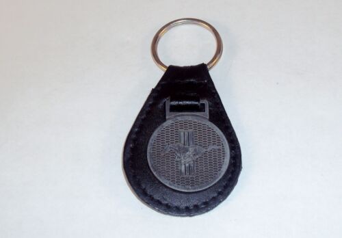 Ford Mustang Keyring w/Faux Leather Fob, Key Chain Round Metal Charm, Split Ring