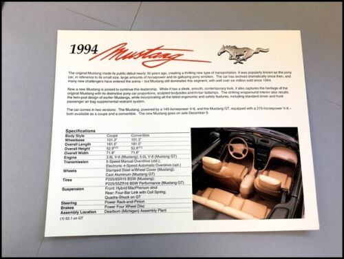 1994 Ford  Mustang Original 1-page Sales Brochure Spec Card Convertible Coupe 
