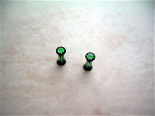 PAIR Pot Leaf Marijuana Green Black Acrylic Double Flare Ear Saddle Plugs Gauges