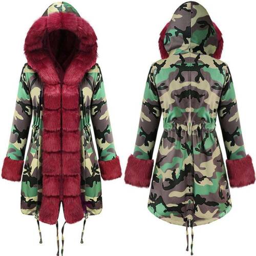 Womens Camo Printed Winter Coat Padded Parka Faux Fur Lined Warm Jacket Overcoat