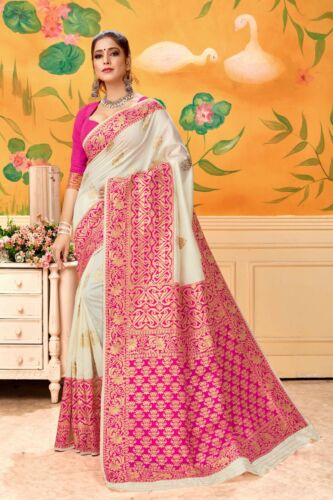Indian Women/'s Banarasi Silk Saree Blouse Traditional Ethnic Festive Wear Sari