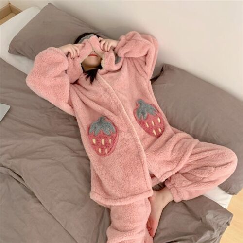 Women Hooded Fleece Bathrobe Warm Nightwear Winter Pajamas strawberry Bath Robe