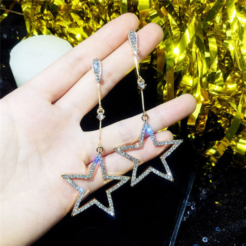Argent//Or Plaqué Chaîne Longue Cristal pentagramme Star Dangle Drop Boucles d/'oreille S