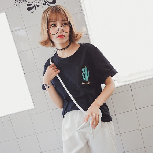 T-shirt Sommer Kurzarm Kaktus Stickerei Tasche Liebespaar Freizeit Unisex Damen
