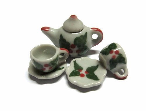 Christmas Painted Teapot /& Coffee Set Dollhouse Miniatures Ceramic Supply Food
