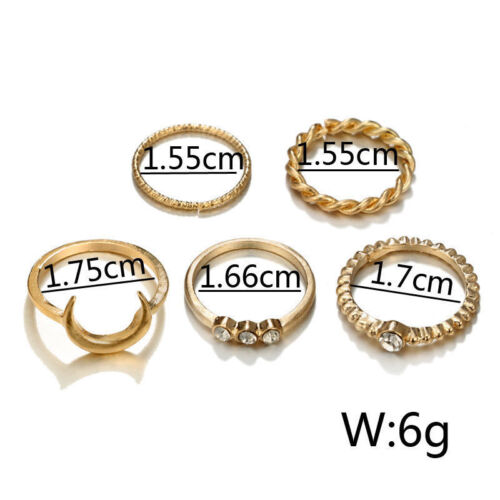 5Pcs//Set Crystal Gold Stackable Ring Moon Charm Twist Rings Vintage Boho Jewelry