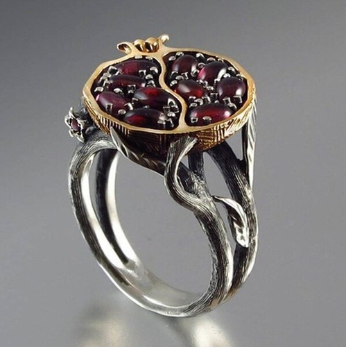 Vintage 925 Silver Gold Pomegranate Garnet Gems Wedding Ring Party Jewelry #6-10