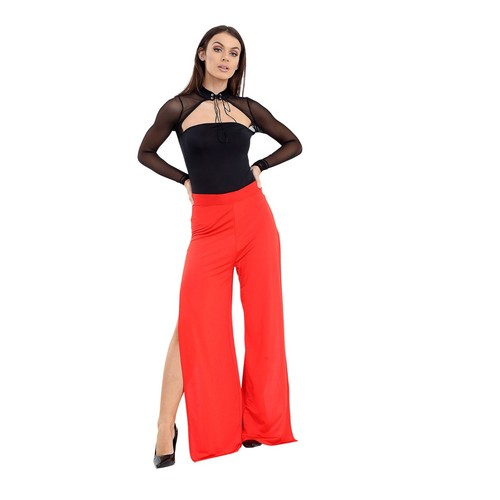 Women/'s High Split Trousers Flared Ladies Slinky Palazzo Pants Side Wide Leg
