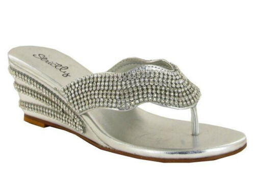 Women/'s Low Heel Wedge Diamante Toe Post Ladies Sparkly Dressy Party Sandals 3-8