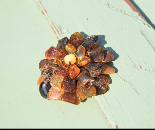 Amazing Amber Brooch Genuine Baltic sea beads Cognac Honey Grey mix colours