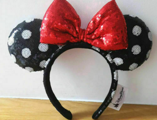 Disney Parks Minnie Mouse Sequined Black White Polka Dot Red Bow Ears Headband 