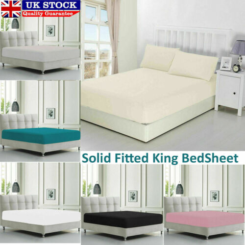 Plain Cover Bed Fitted Sheet Cotton Single Double King Super King & Pillow Case 