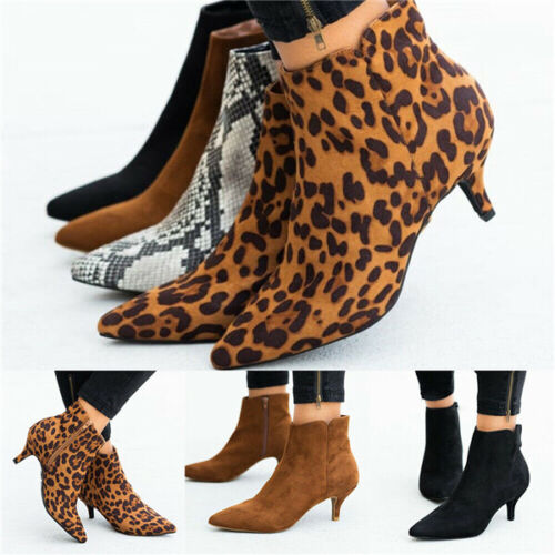 Women Ladies Ankle Boots Ladies Low Mid Kitten Heels Shoes Zip Pointy Boots Size