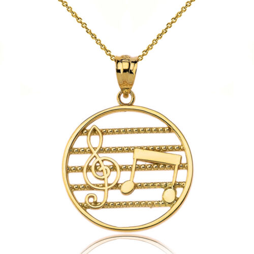 10k Yellow Gold Music Staff Treble Clef Two Eighth Notes Open Pendant Necklace