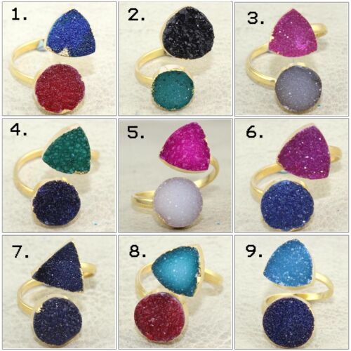 Charming Natural Double Sugar Druzy Gold Plated Adjustable Ring Gemstone Jewelry 