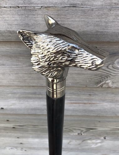 CLASSIC STYLE WOODEN WALKING STICK CANE WOLF FACE HANDLE NICKLE FINISH 