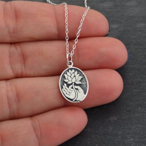 Buddha Hand with Lotus Necklace 925 Sterling Silver Pendant Flower Symbol NEW 