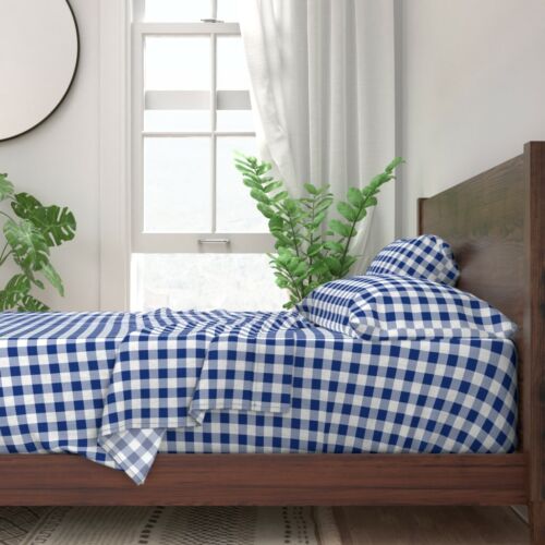 Gingham Check Blue And White Savoy 100% Cotton Sateen Sheet Set by Roostery 