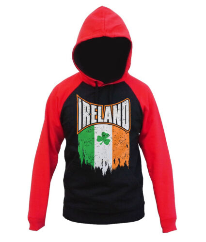 Men&#039;s Shredded Irish Flag Black Red Raglan Hoodie Ireland Lucky Clover Sweater