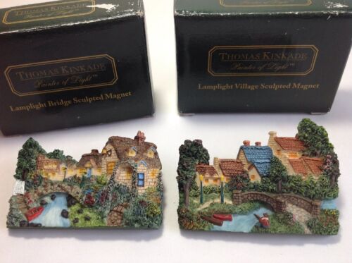 Set Of 2 Thomas Kinkade Painter of Light Lamplight Bridge & Village Magnets 