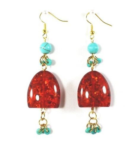 Chunky Red Amber Nuggets Blue Turquoise Gemstone Beads Dangle Earrings 