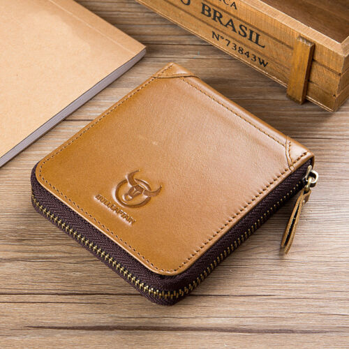 BULL CAPTAIN Men/'s Leather Wallet Retro Simple Zip Coin Purse Short Wallet