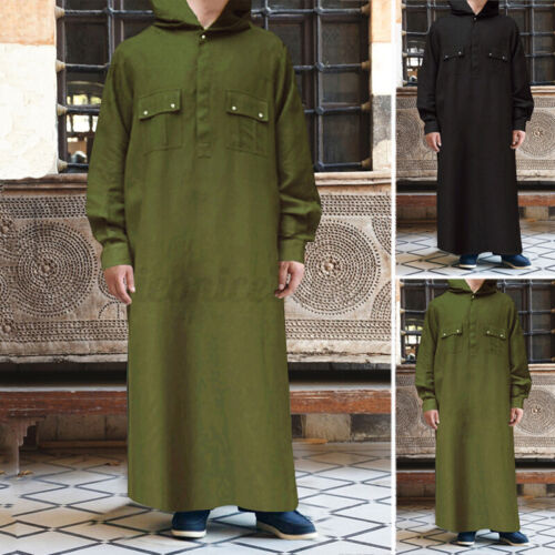 Men/'s Long Sleeve Saudi Jubba Dishdash Hooded Thobe Islamic Arab Kaftan Long Top