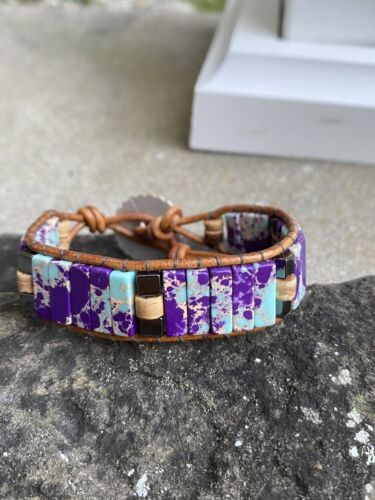 Purple And Turquoise Imperial Jasper Beaded Brown Leather Cuff Bracelet