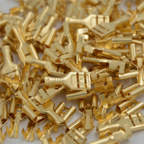100PCS 6.3mm Brass Crimp Terminal Cable Weiblich Spade Connector Gold Tone AHS 