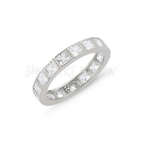 3mm Princesa Corte Cubic Zirconia Rodio plateado 925 Plata Anillo De La Eternidad