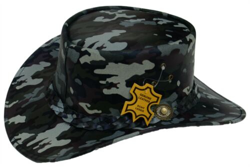 Nouveau cuir véritable Imprimé Camouflage Bush Chapeau Australien Style Cowboy chinstrap