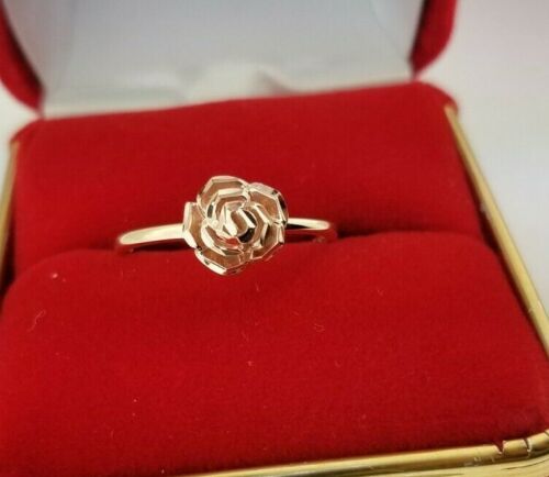 Rose Flower Ring 14K Solid Yellow Gold Two Tone 
