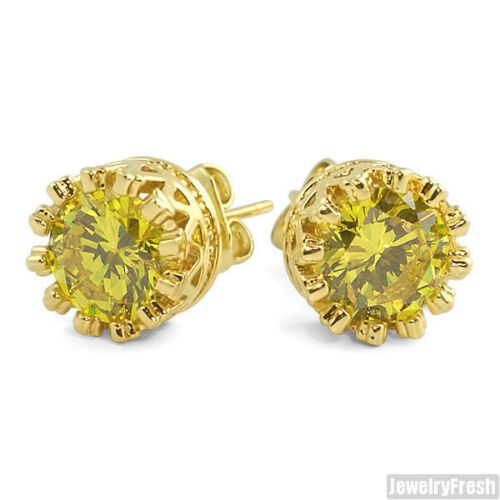 Canary Yellow CZ Crown Set Gold Stud Earrings Top Quality 