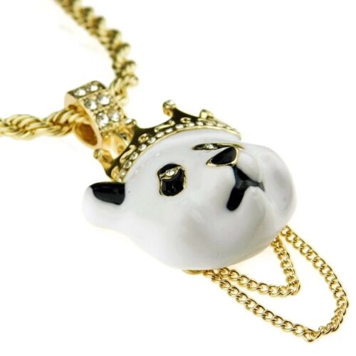 Crown Panda Rope Chain White Bear Pendant Gold Finish Hip Hop Necklace 24" Inch 