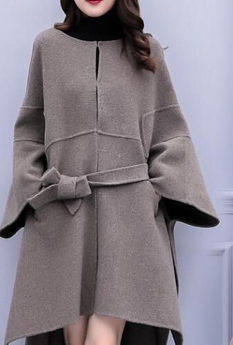 Womens Wool Blend Loose Oversize Belt Trench Outwear Cloak Poncho Warm Coat G514 