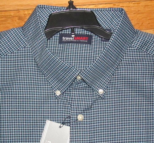 4XLT NWT Roundtree Mens LS Navy White Blue Plaid Travel Smart Shirt 3X B