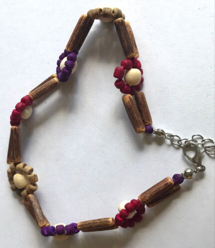 Details about  / 10+1/" Anklet w// Wooden Lightweight Beads Floral Design Double Layer Silver Tone