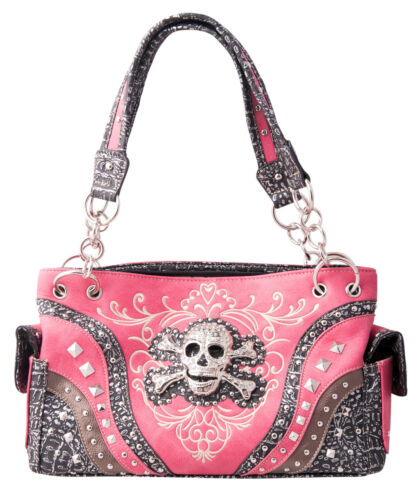 Skull Handbag Embroidered Rhinestones Shoulder Purse Concealed Carry Western Bag