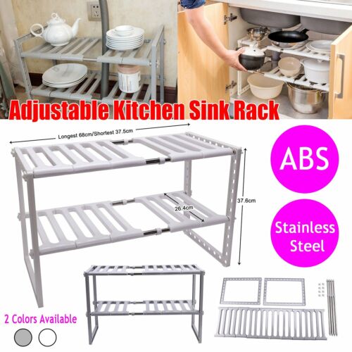 Adjustable Kitchen Rack Under Sink Expandable Storage Tidy Shelf Organizer UK 