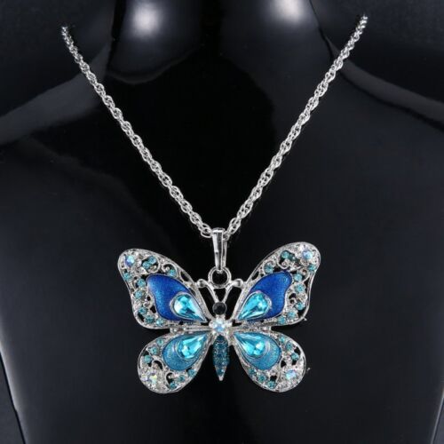 Fashion Rhinestone Alloy Crystal Butterfly Pendant Necklace Long Sweater Chain